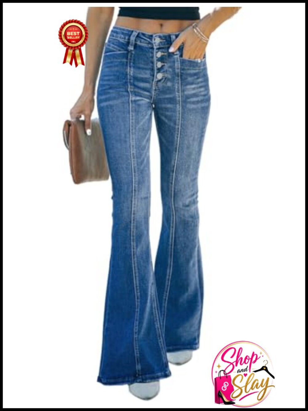 Women's High Waisted Wide Leg Button Fly Flared Denim Jeans